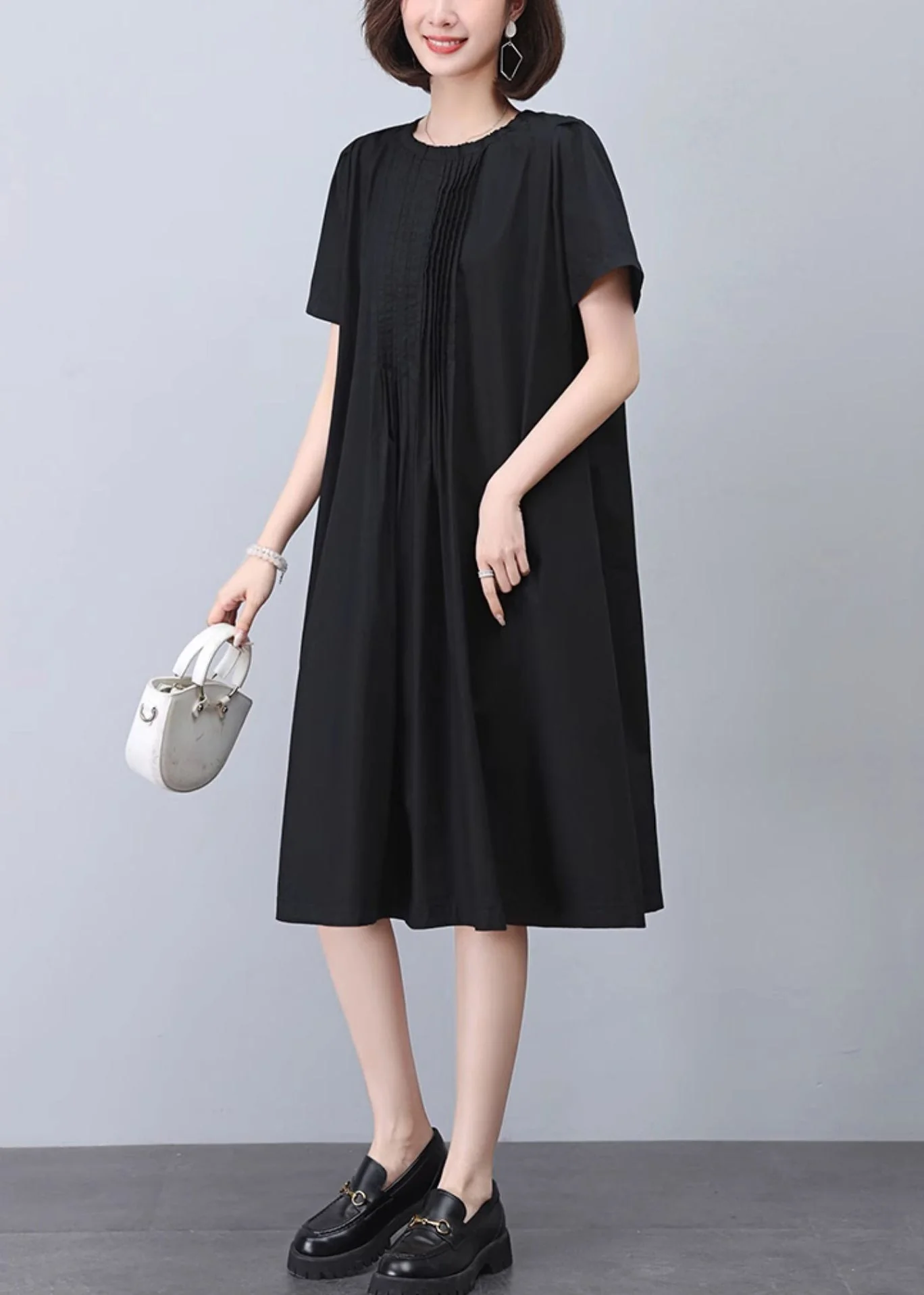 Black Wrinkled Cotton Dresses O Neck Short Sleeve - Image 3