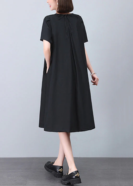Black Wrinkled Cotton Dresses O Neck Short Sleeve - Image 4