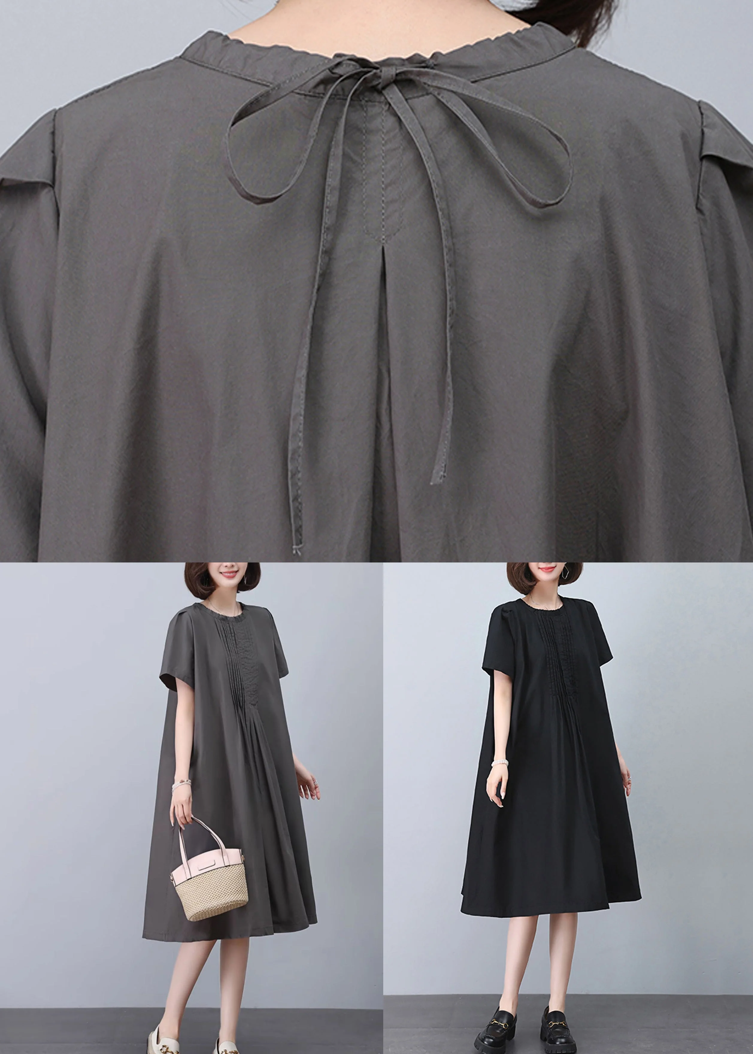Black Wrinkled Cotton Dresses O Neck Short Sleeve - Image 5