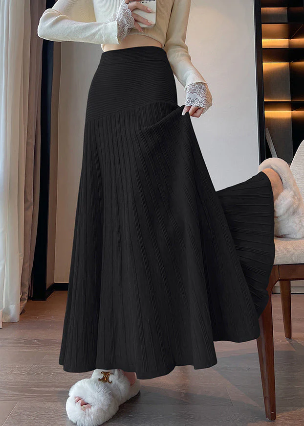 Black Wrinkled Knit A Line Skirts High Waist - Image 3