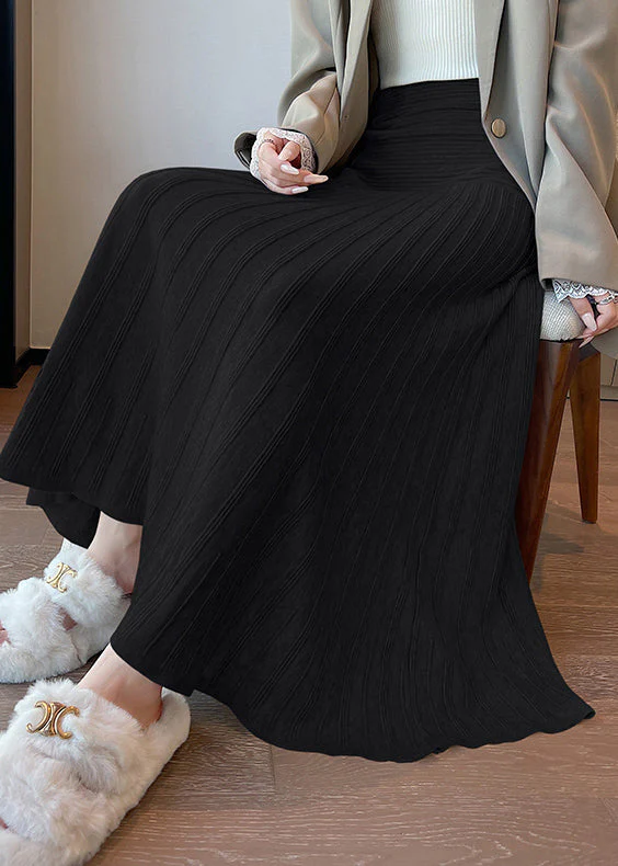 Black Wrinkled Knit A Line Skirts High Waist - Image 4