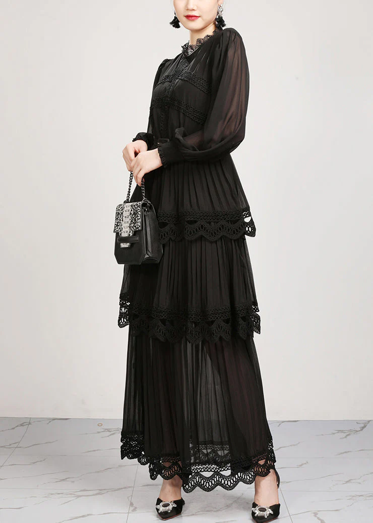 Black Wrinkled Lace Patchwork Chiffon LongDresses Fall - Image 3