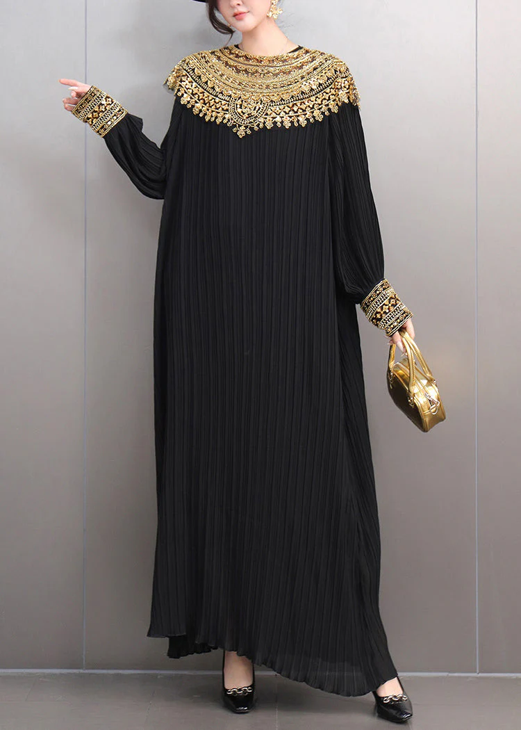 Black Wrinkled Nail Bead Sequins Maxi Dresses Fall - Image 2
