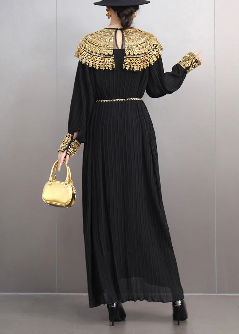 Black Wrinkled Nail Bead Sequins Maxi Dresses Fall - Image 4