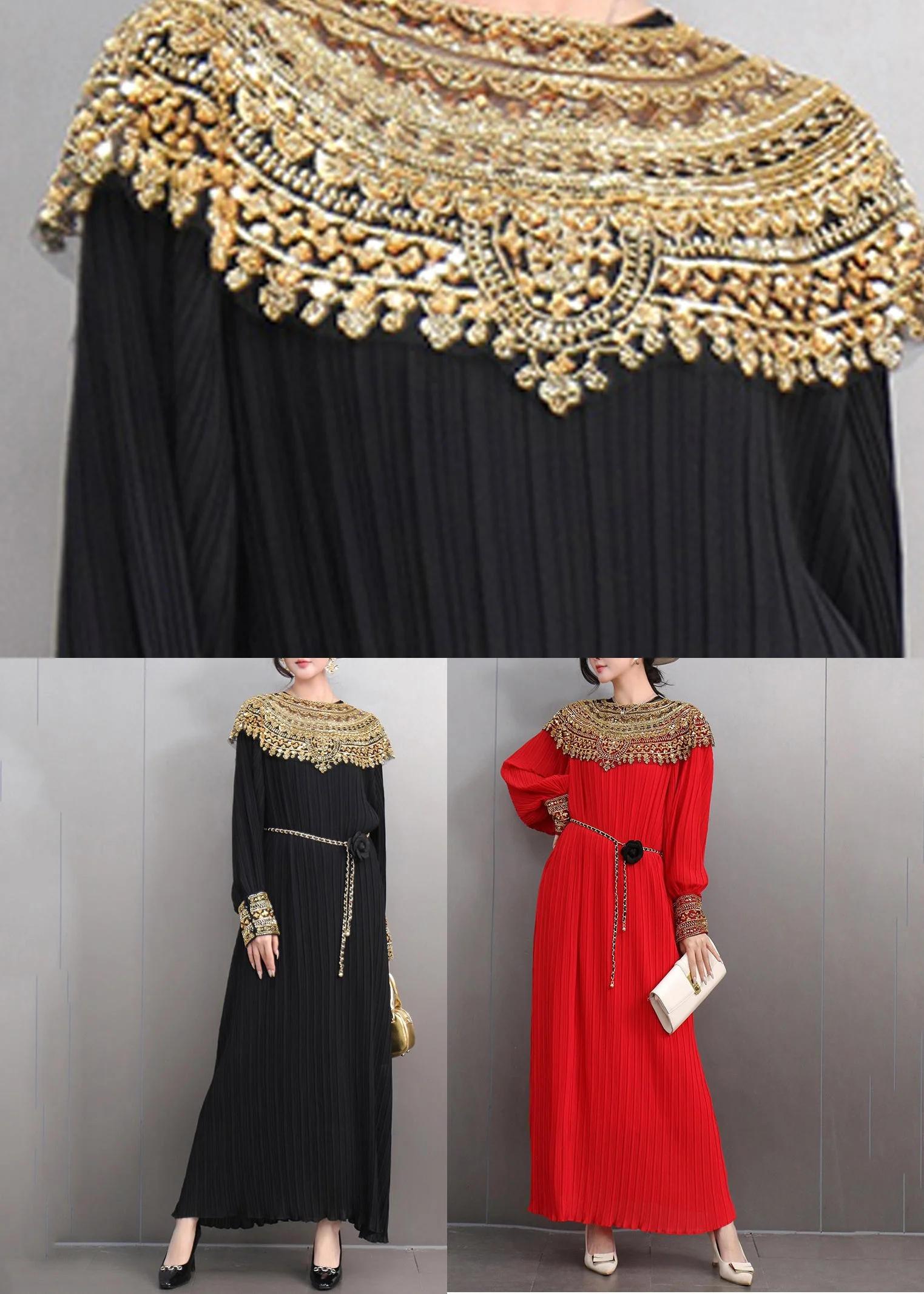 Black Wrinkled Nail Bead Sequins Maxi Dresses Fall - Image 5