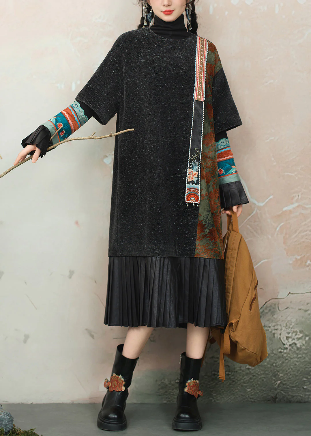 Black Wrinkled Patchwork Chenille Dress O Neck - Image 2