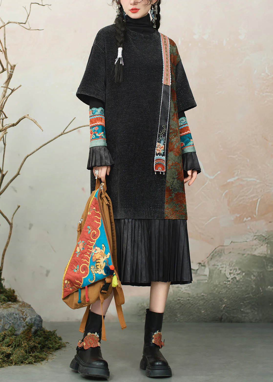 Black Wrinkled Patchwork Chenille Dress O Neck - Image 4