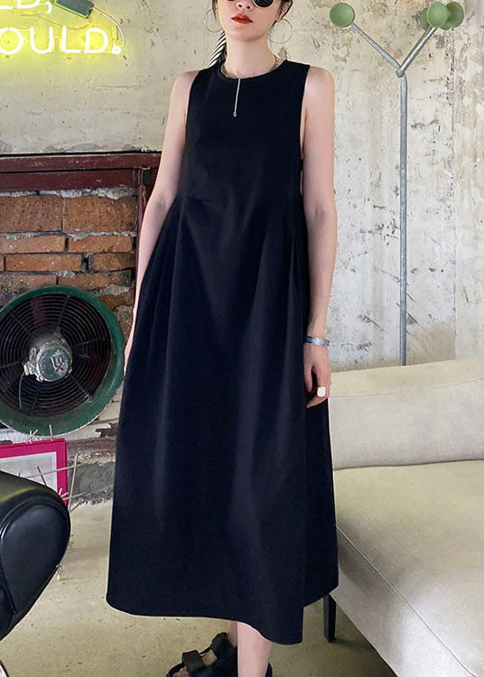 Black Wrinkled Patchwork Cotton A Line Dress O Neck Sleeveless - Image 2