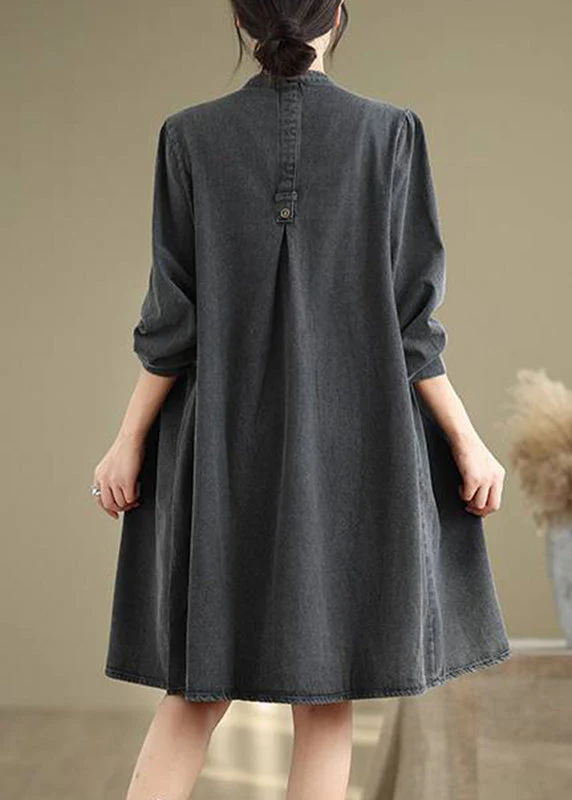 Black Wrinkled Patchwork Long Dresses V Neck Fall - Image 4