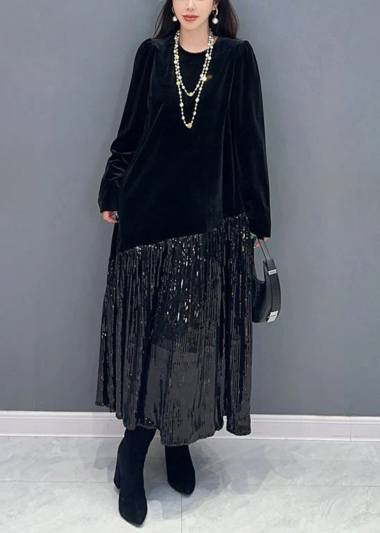 Black Wrinkled Patchwork Silk Velvet Dresses O Neck Spring - Image 2