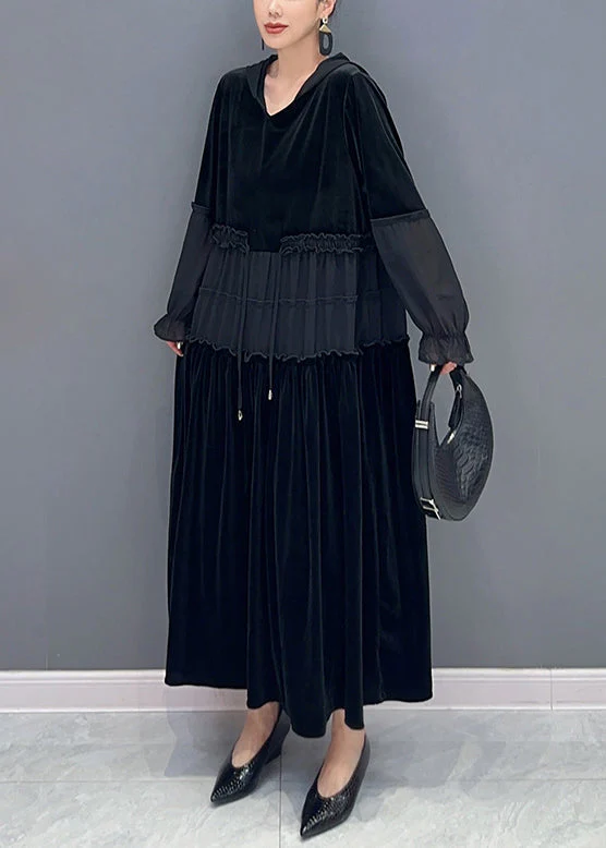 Black Wrinkled Patchwork Velour Long Dress Hooded Long Sleeve - Image 3