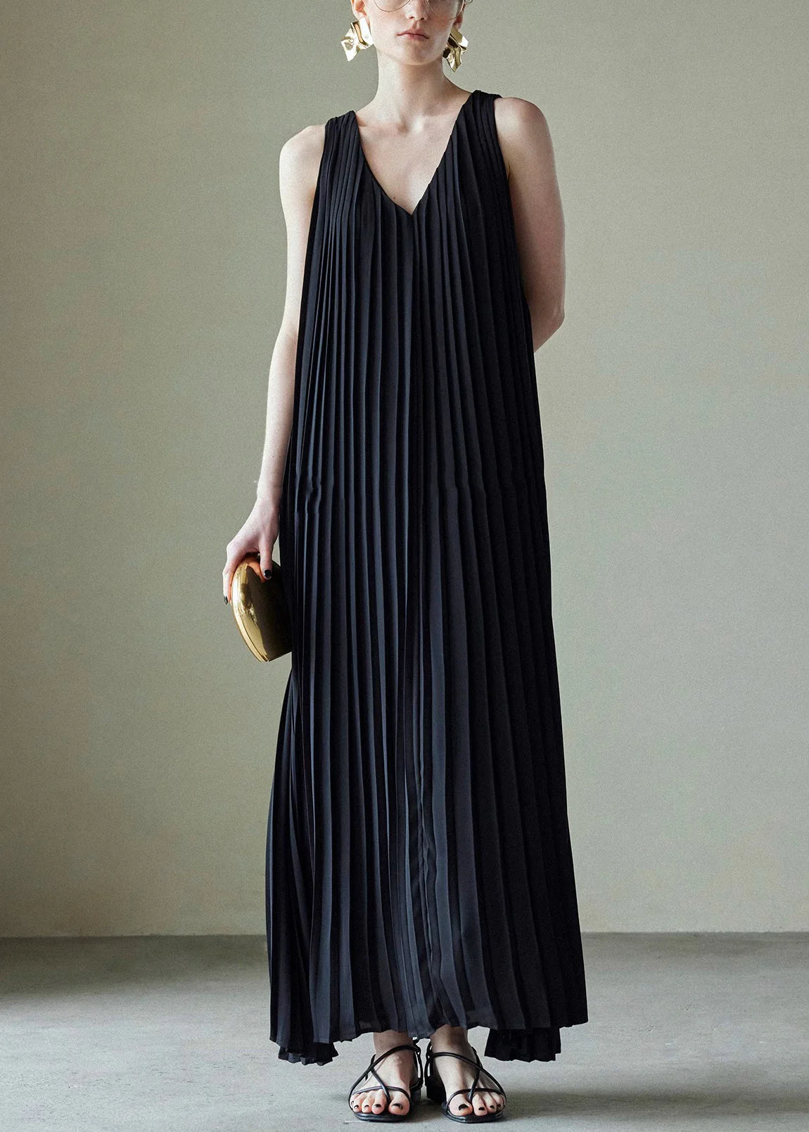 Black Wrinkled Pockets Chiffon Long Dress V Neck Summer - Image 2
