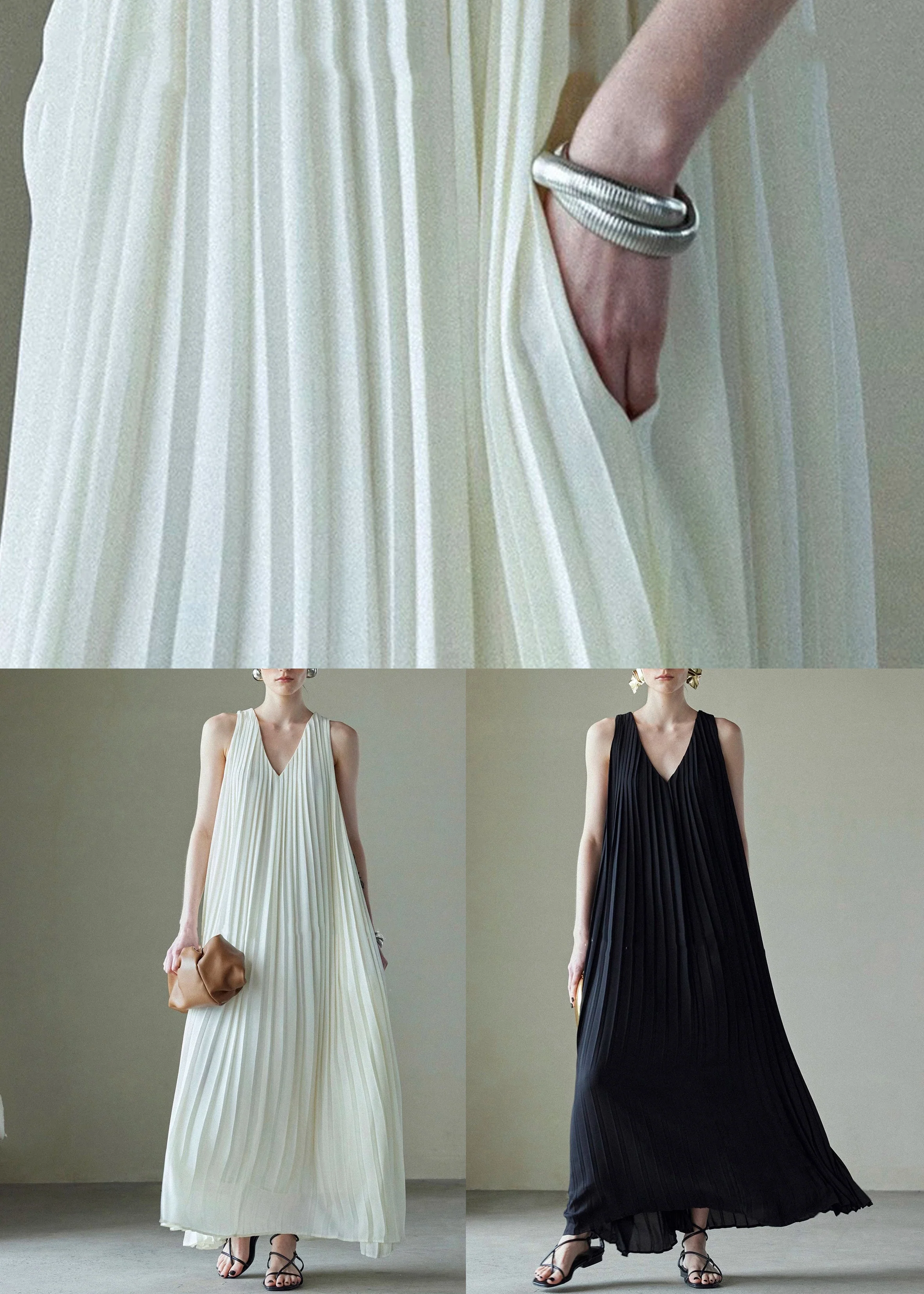 Black Wrinkled Pockets Chiffon Long Dress V Neck Summer - Image 5