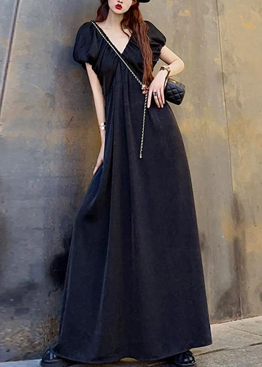 Black Wrinkled Pockets Patchwork Cotton Maxi Dresses V Neck Short Sleeve - Image 2