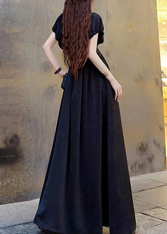 Black Wrinkled Pockets Patchwork Cotton Maxi Dresses V Neck Short Sleeve - Image 3