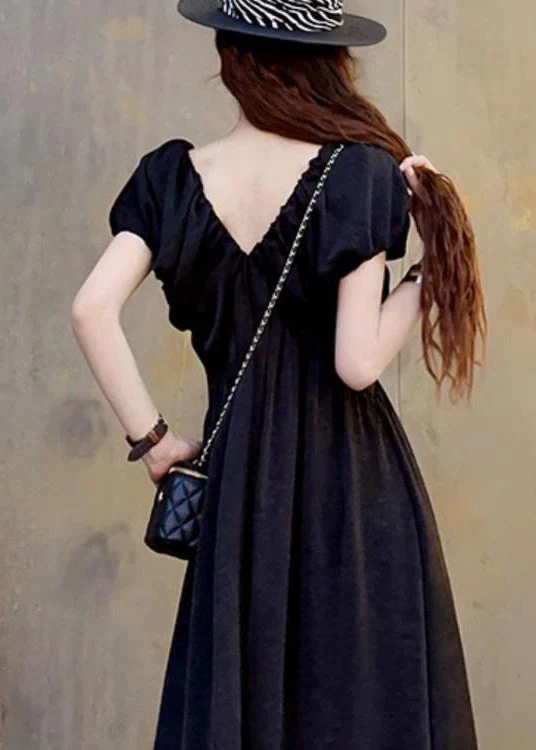 Black Wrinkled Pockets Patchwork Cotton Maxi Dresses V Neck Short Sleeve - Image 4