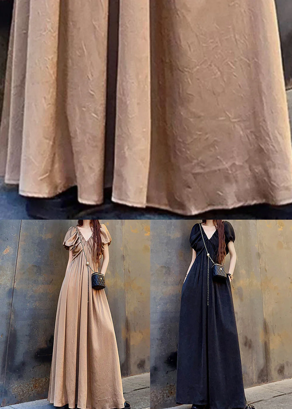 Black Wrinkled Pockets Patchwork Cotton Maxi Dresses V Neck Short Sleeve - Image 5