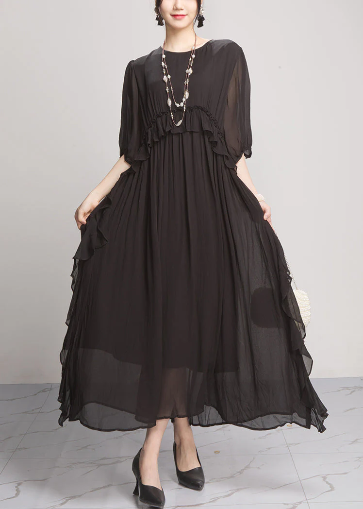 Black Wrinkled Solid Chiffon Long Dresses O Neck Summer - Image 2