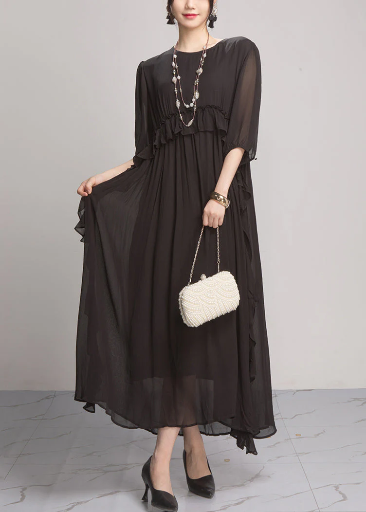 Black Wrinkled Solid Chiffon Long Dresses O Neck Summer - Image 3
