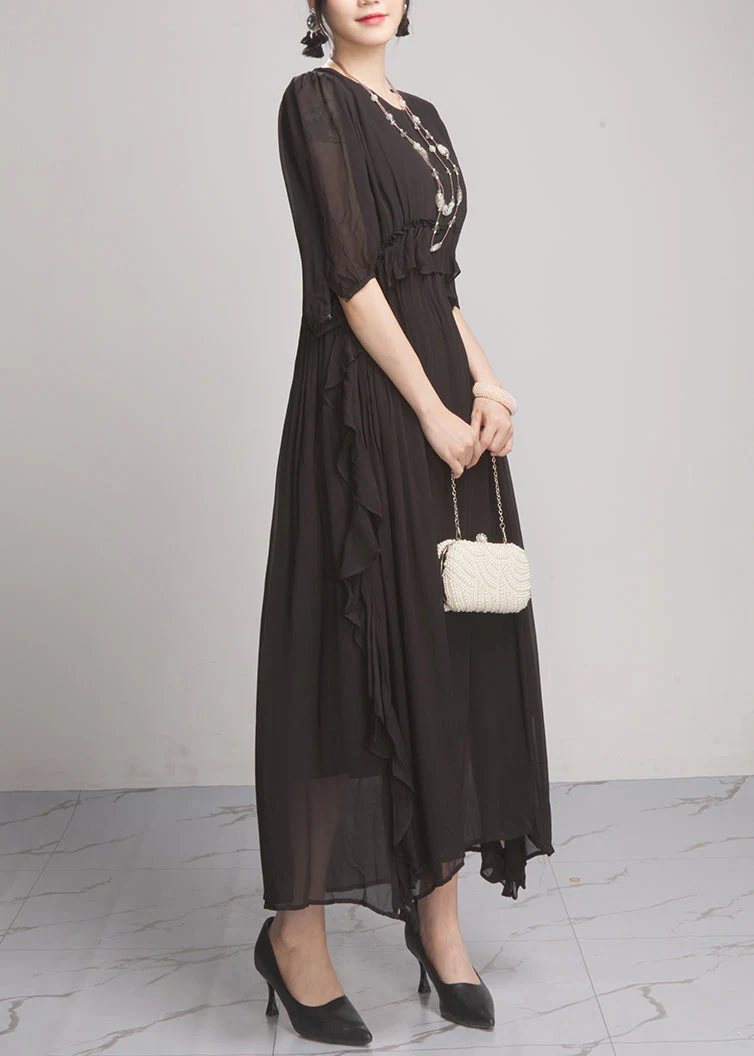 Black Wrinkled Solid Chiffon Long Dresses O Neck Summer - Image 4