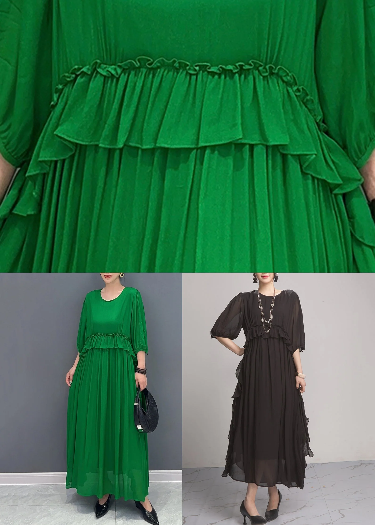 Black Wrinkled Solid Chiffon Long Dresses O Neck Summer - Image 5