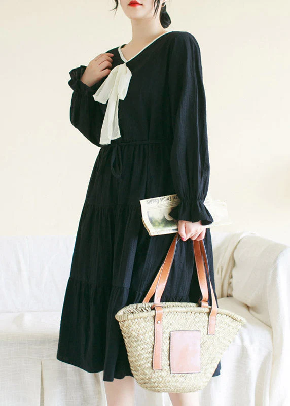 Black Wrinkled Solid Cotton Long Dress Long Sleeve - Image 2