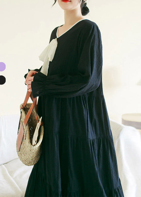 Black Wrinkled Solid Cotton Long Dress Long Sleeve - Image 3