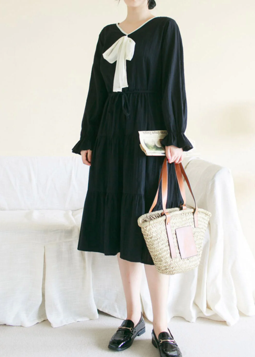 Black Wrinkled Solid Cotton Long Dress Long Sleeve - Image 4
