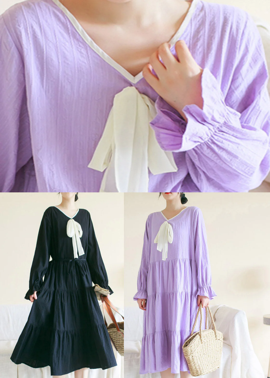 Black Wrinkled Solid Cotton Long Dress Long Sleeve - Image 5