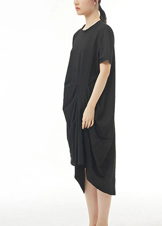 Black Wrinkled Solid Cotton Long Dress Short Sleeve - Image 3