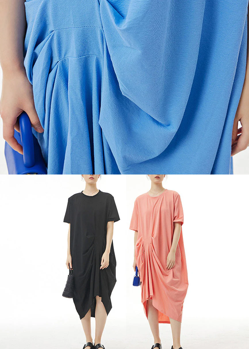 Black Wrinkled Solid Cotton Long Dress Short Sleeve - Image 5