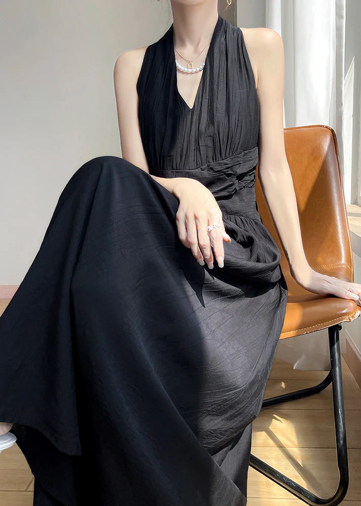 Black Wrinkled Solid Cotton Maxi Dresses V Neck Summer - Image 2
