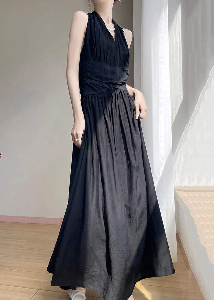Black Wrinkled Solid Cotton Maxi Dresses V Neck Summer - Image 3