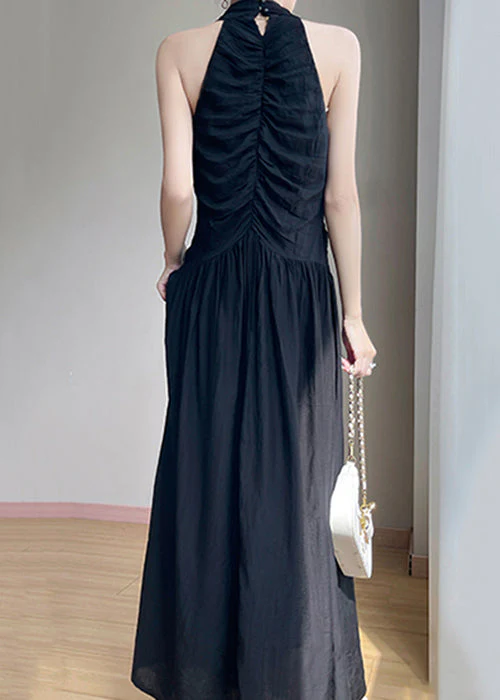 Black Wrinkled Solid Cotton Maxi Dresses V Neck Summer - Image 4