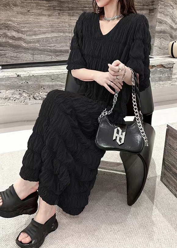 Black Wrinkled Vacation Chiffon Long Dresses Summer - Image 4