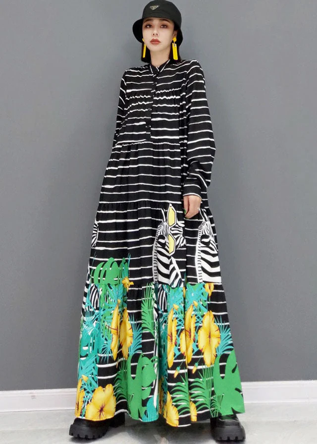Black Zebra Print Exra Large Hem Cotton Shirt Dress Stand Collar Button Long Sleeve - Image 2