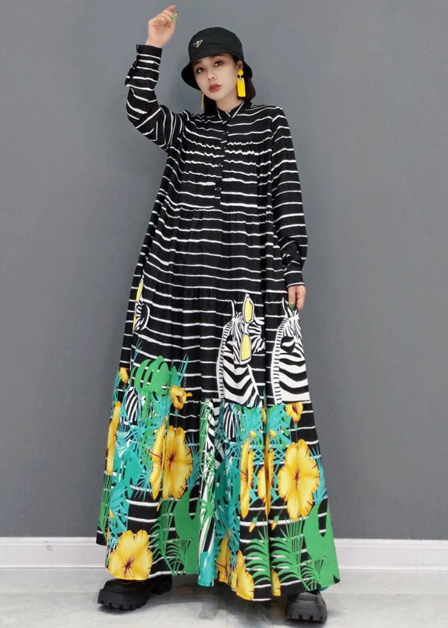 Black Zebra Print Exra Large Hem Cotton Shirt Dress Stand Collar Button Long Sleeve - Image 3