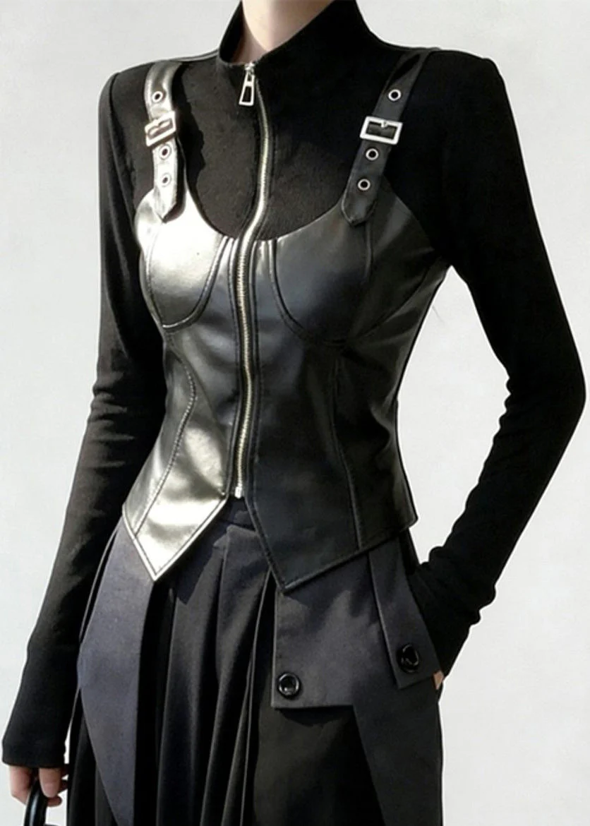 Black Zip Up Faux Leather Patchwork T Shirt Stand Collar Spring - Image 3