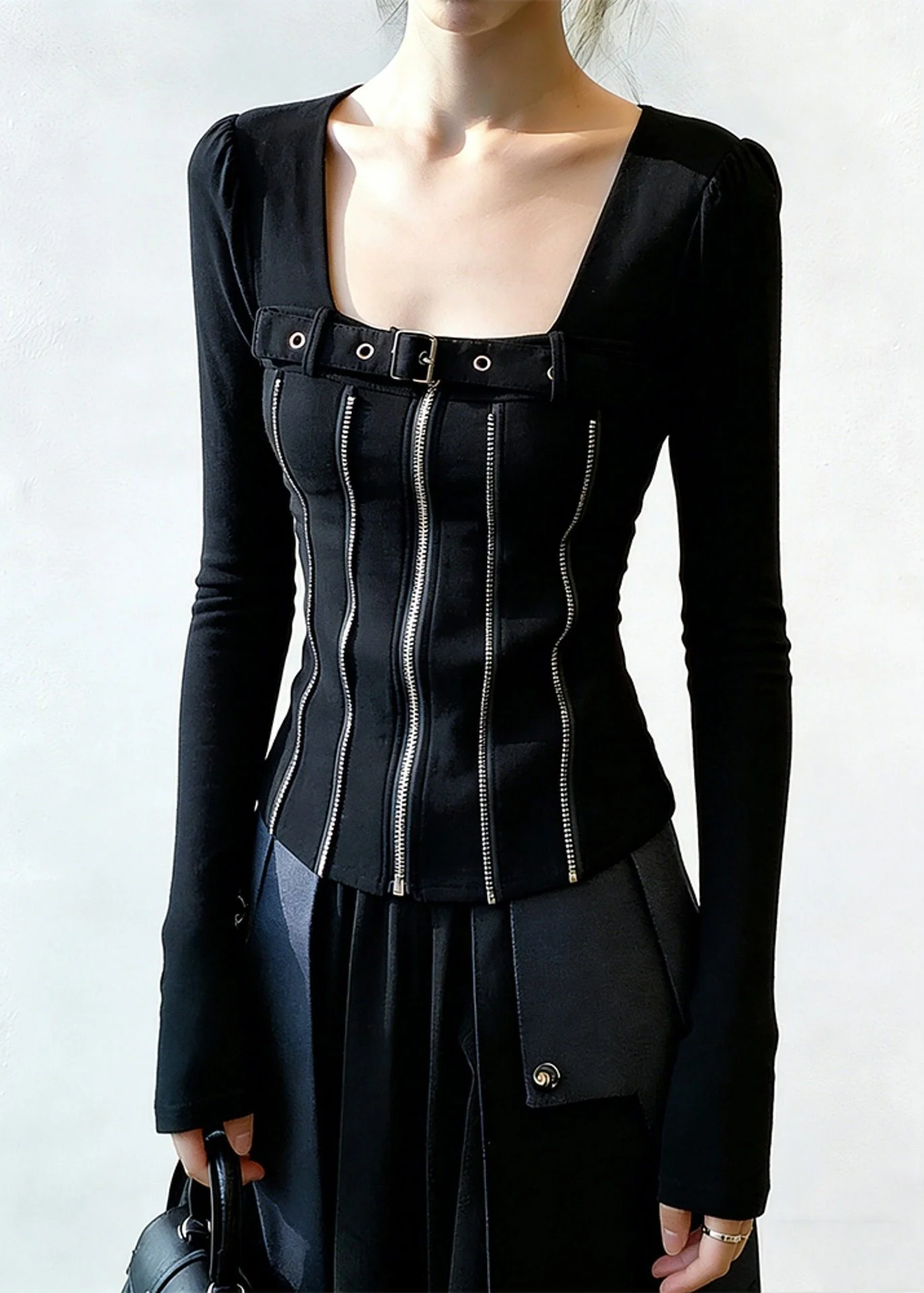 Black Zippered Patchwork Cotton T Shirt Square Collar Spring - Image 2