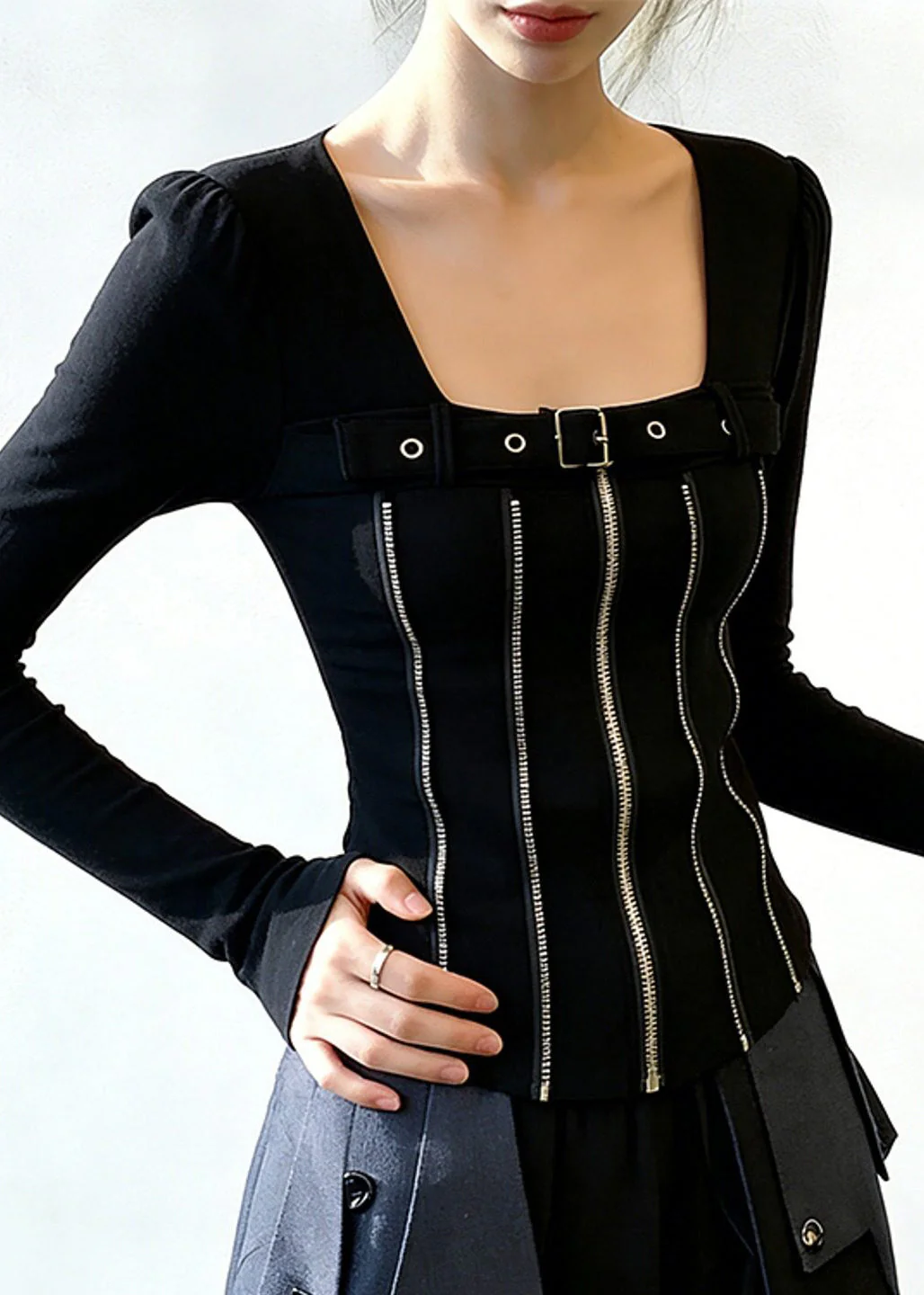 Black Zippered Patchwork Cotton T Shirt Square Collar Spring - Image 3