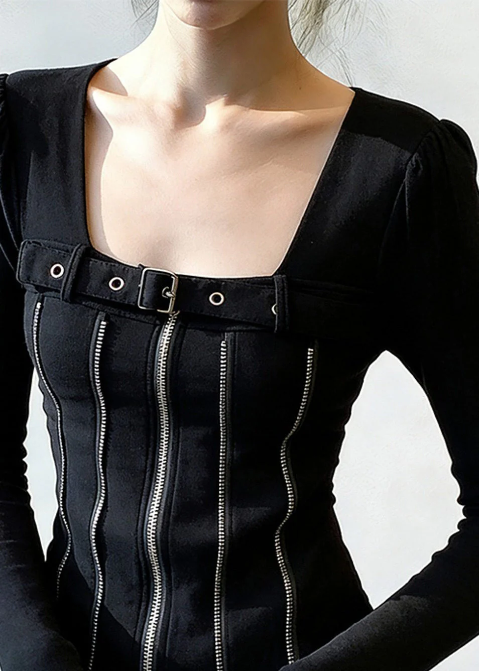Black Zippered Patchwork Cotton T Shirt Square Collar Spring - Image 4