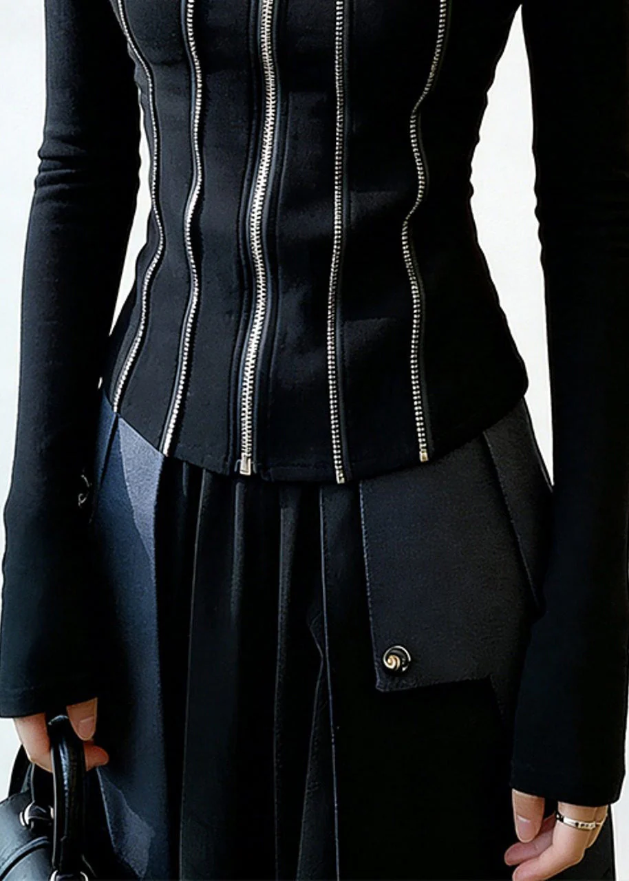 Black Zippered Patchwork Cotton T Shirt Square Collar Spring - Image 5