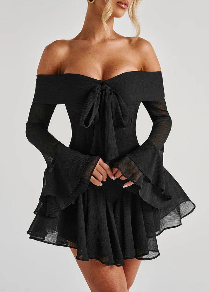 Black Zippered Solid Cotton Mid Dresses Slash Neck Spring - Image 2