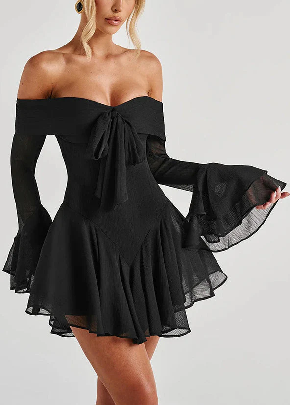 Black Zippered Solid Cotton Mid Dresses Slash Neck Spring - Image 3