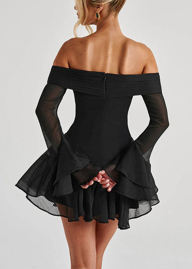 Black Zippered Solid Cotton Mid Dresses Slash Neck Spring - Image 4