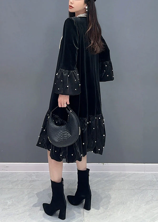 Black Zircon Patchwork Silk Velvet Dress O Neck Long Sleeve - Image 4