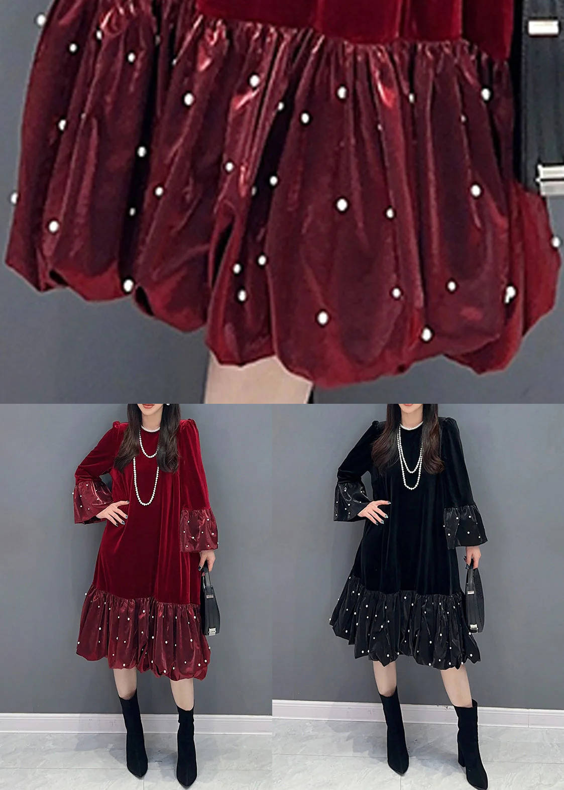Black Zircon Patchwork Silk Velvet Dress O Neck Long Sleeve - Image 5