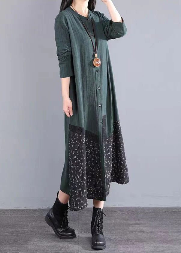 Blackish Green Patchwork Cotton Dress Stand Collar Button Fall - Image 2
