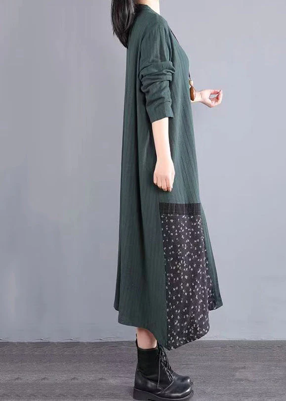 Blackish Green Patchwork Cotton Dress Stand Collar Button Fall - Image 3