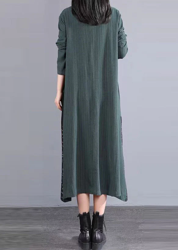 Blackish Green Patchwork Cotton Dress Stand Collar Button Fall - Image 4
